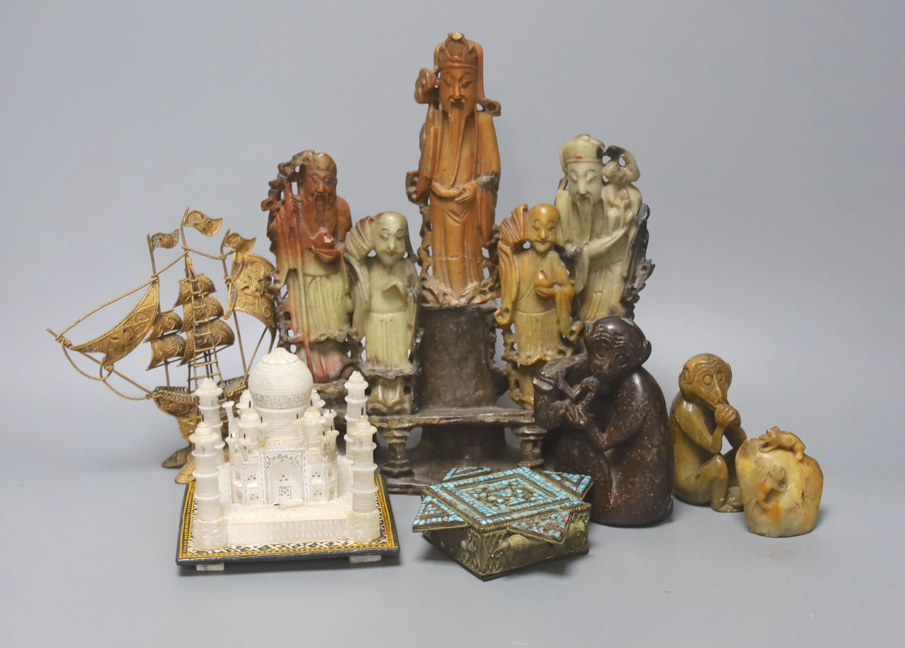 A group of Chinese soapstone carvings, an Indian Alabaster model of the Taj Mahal etc, tallest 23.5 cm